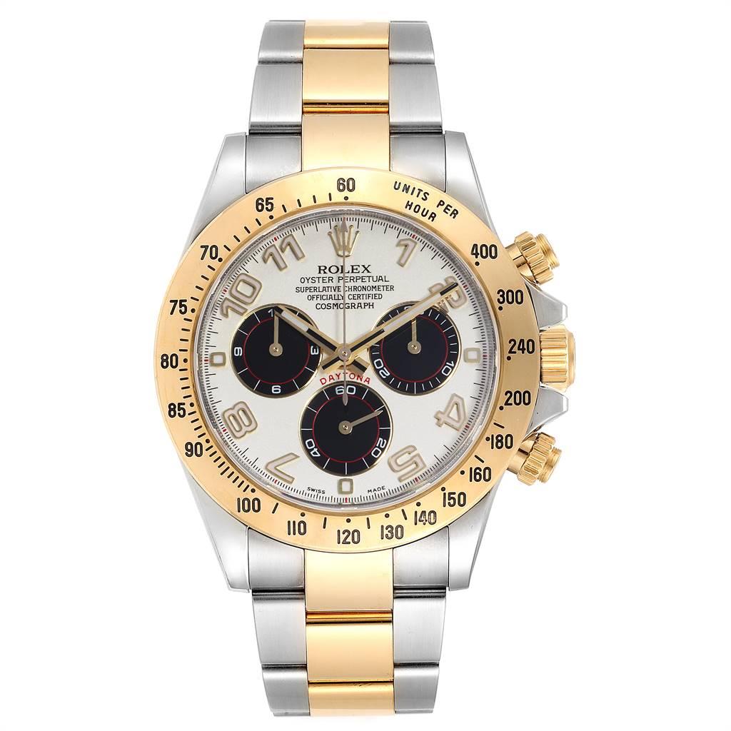 The image shows a front view of the Rolex Daytona 116523 Men's Steel and Gold (two tone) Silver Dial 116523 Men's Steel and Gold (two tone) Silver Dial watch, highlighting its bezel, crown, chronograph pushers, and two-tone bracelet.
