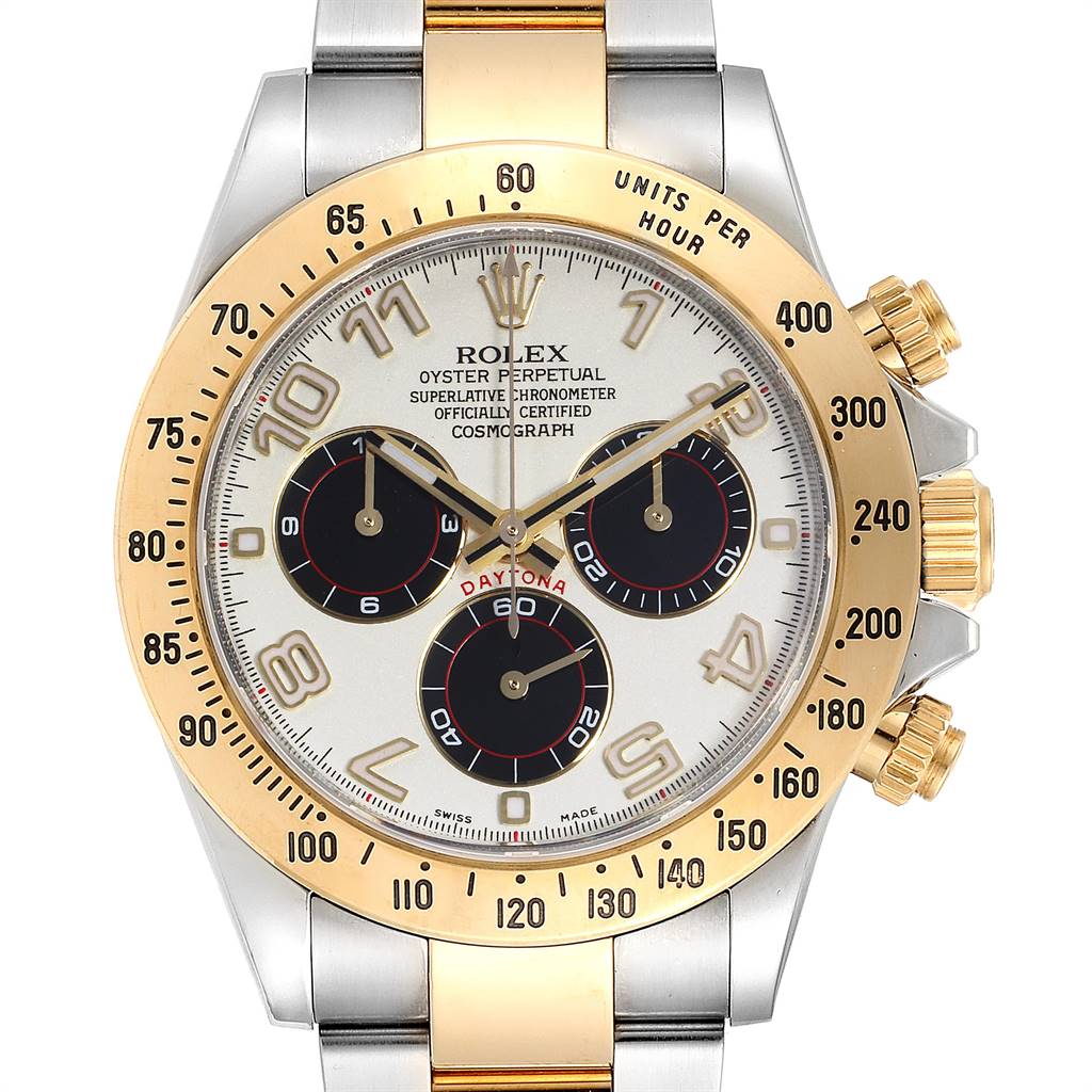 The image shows a frontal view of a Rolex Daytona 116523 Men's Steel and Gold (two tone) Silver Dial 116523 Men's Steel and Gold (two tone) Silver Dial watch displaying the dial, bezel, pushers, and part of the bracelet.
