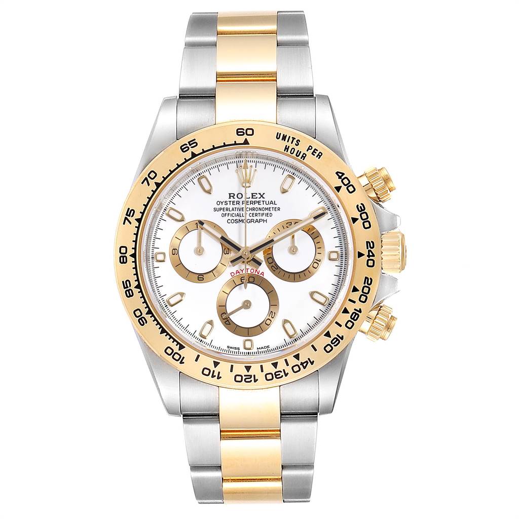 This image shows a front view of the Rolex Daytona 116503 Men's Steel and Gold (two tone) White Dial 116503 Men's Steel and Gold (two tone) White Dial watch, highlighting its dial, bezel, bracelet, and pushers.