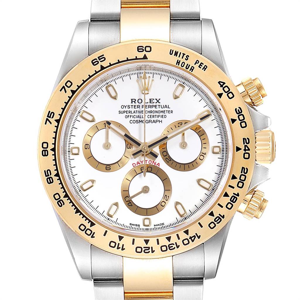 The image shows a front angle of the Rolex Daytona 116503 Men's Steel and Gold (two tone) White Dial 116503 Men's Steel and Gold (two tone) White Dial watch, highlighting its dial, chronographs, and bezel with a two-tone bracelet.