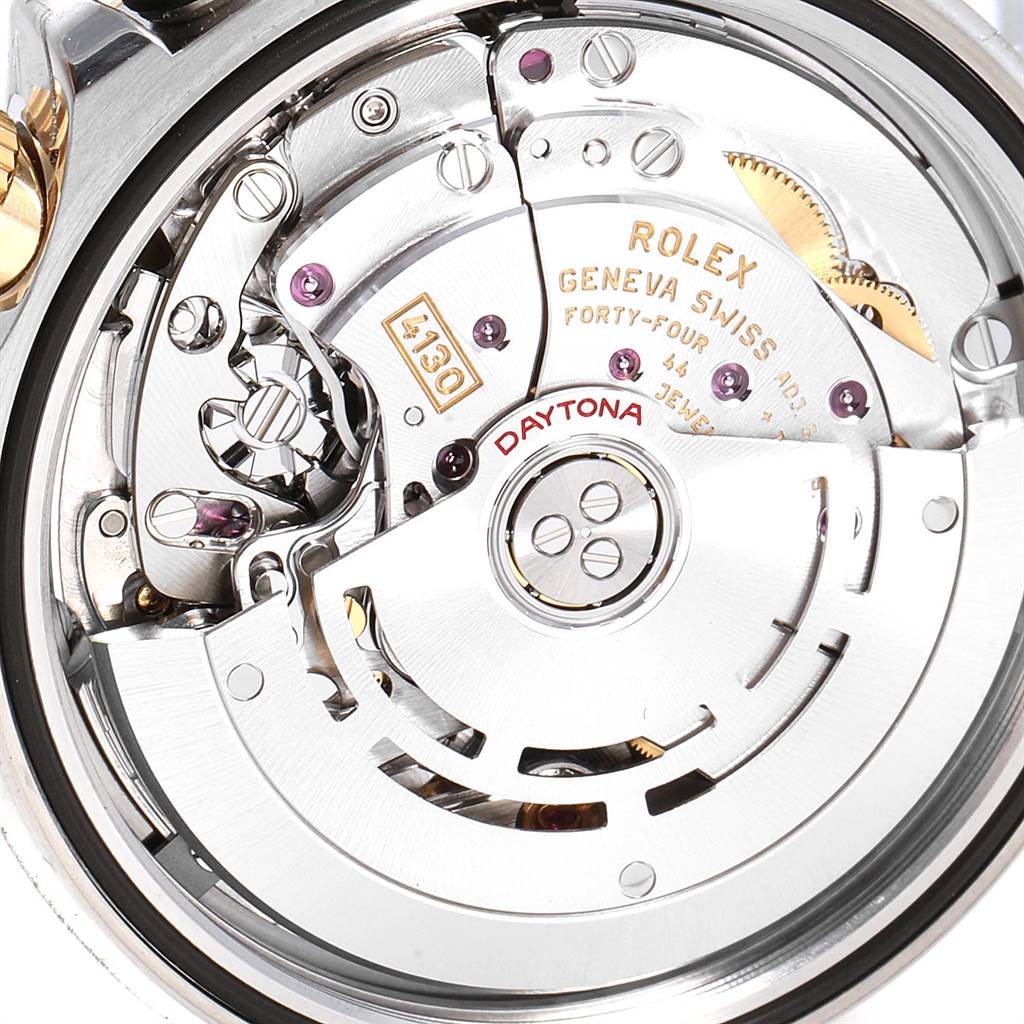 This image shows the intricate mechanics of the Rolex Daytona 116503 Men's Steel and Gold (two tone) White Dial 116503 Men's Steel and Gold (two tone) White Dial watch movement from a top-down angle.