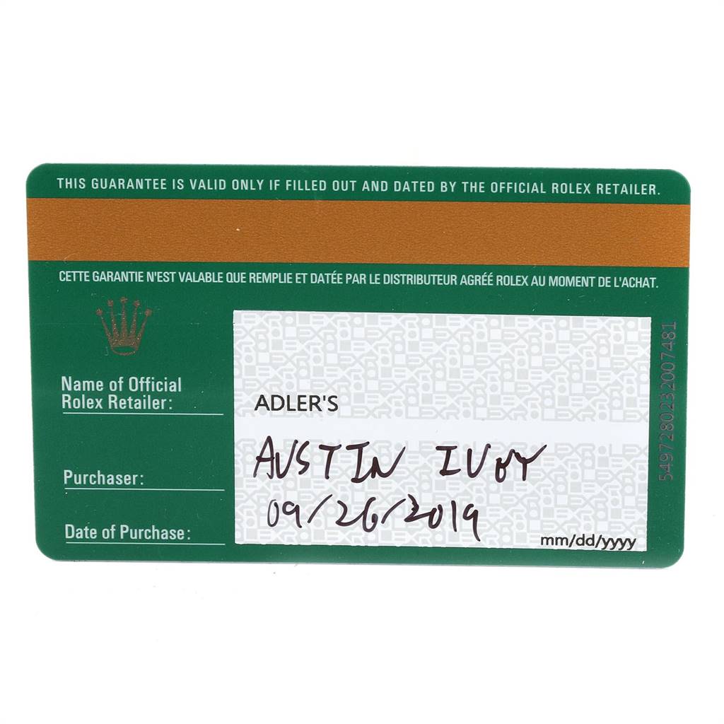 This image shows the guarantee card for the Rolex Daytona 116503 Men's Steel and Gold (two tone) White Dial 116503 Men's Steel and Gold (two tone) White Dial watch, detailing the retailer, purchaser name, and purchase date.