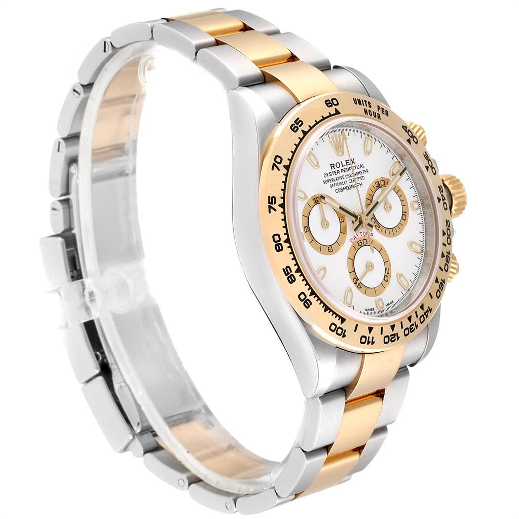 The image shows a side and partial front view of a Rolex Daytona 116503 Men's Steel and Gold (two tone) White Dial 116503 Men's Steel and Gold (two tone) White Dial watch, highlighting the strap, bezel, dial, and crown.