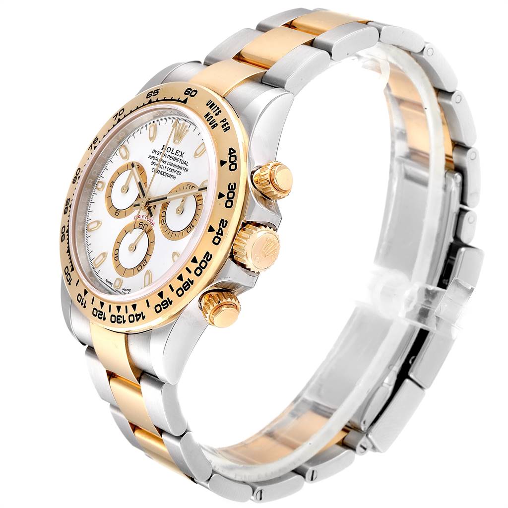 This image shows a side view of a Rolex Daytona 116503 Men's Steel and Gold (two tone) White Dial 116503 Men's Steel and Gold (two tone) White Dial watch, highlighting the bezel, dial, and two-tone bracelet.