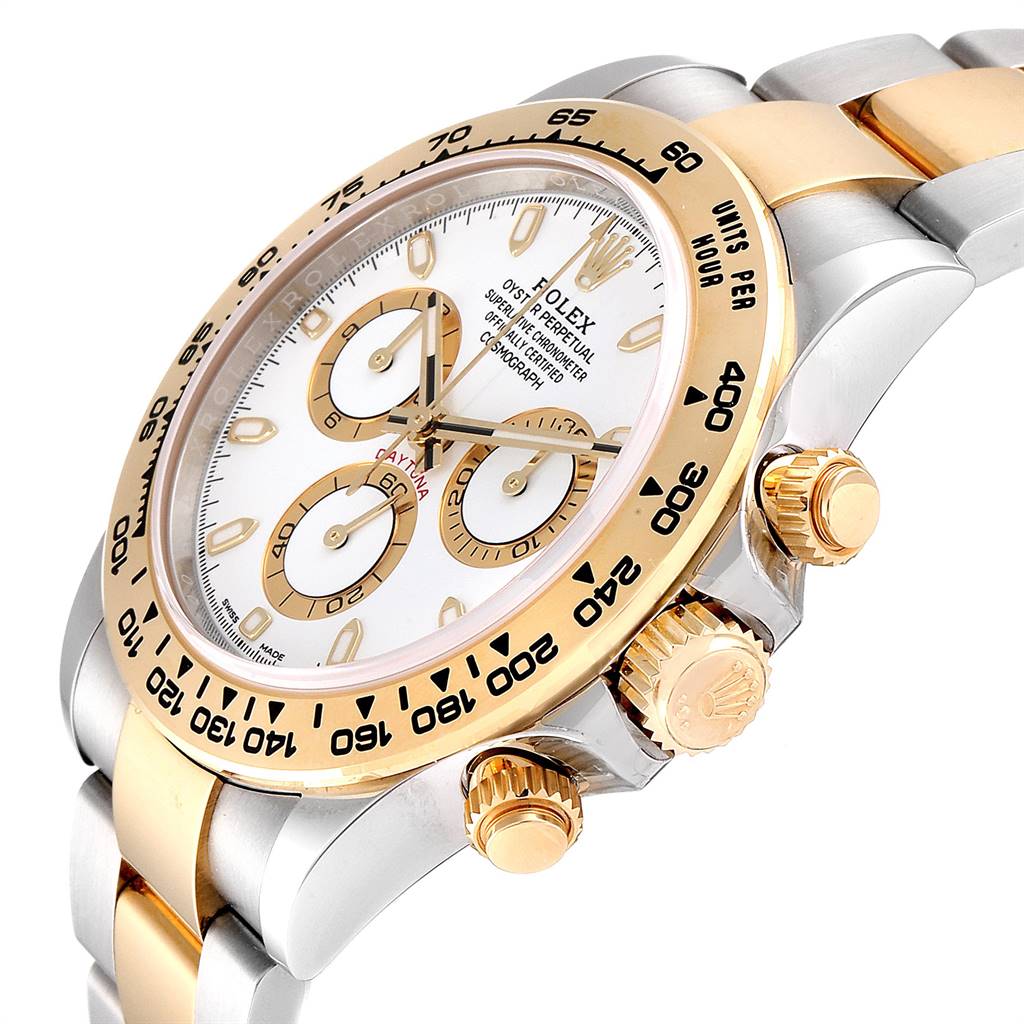 The image shows a close-up angled view of a Rolex Daytona 116503 Men's Steel and Gold (two tone) White Dial 116503 Men's Steel and Gold (two tone) White Dial watch, highlighting the bezel, face, and side crown.