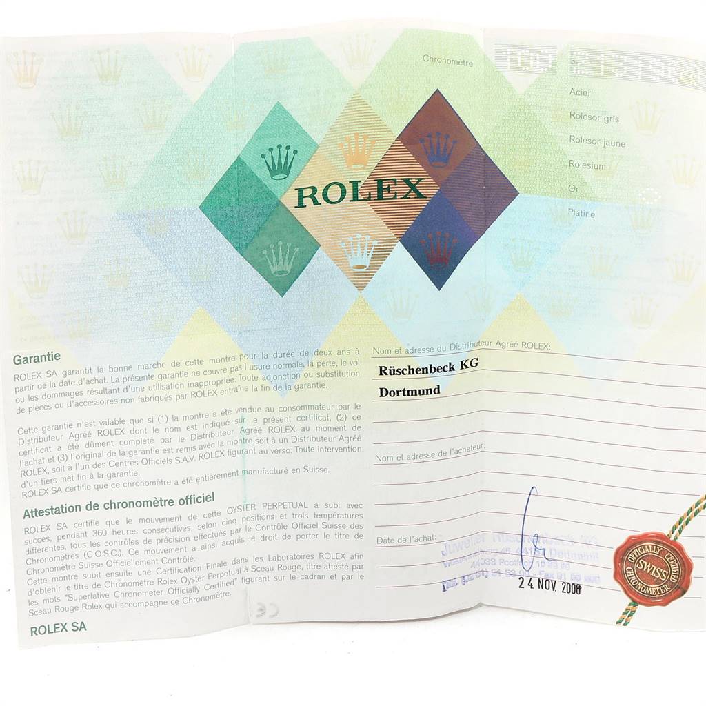 The image shows a warranty card for a Rolex Daytona 116528 Men's Yellow Gold White Dial 116528 Men's Yellow Gold White Dial watch from Rüsenbeck KG, dated 24 November 2008.