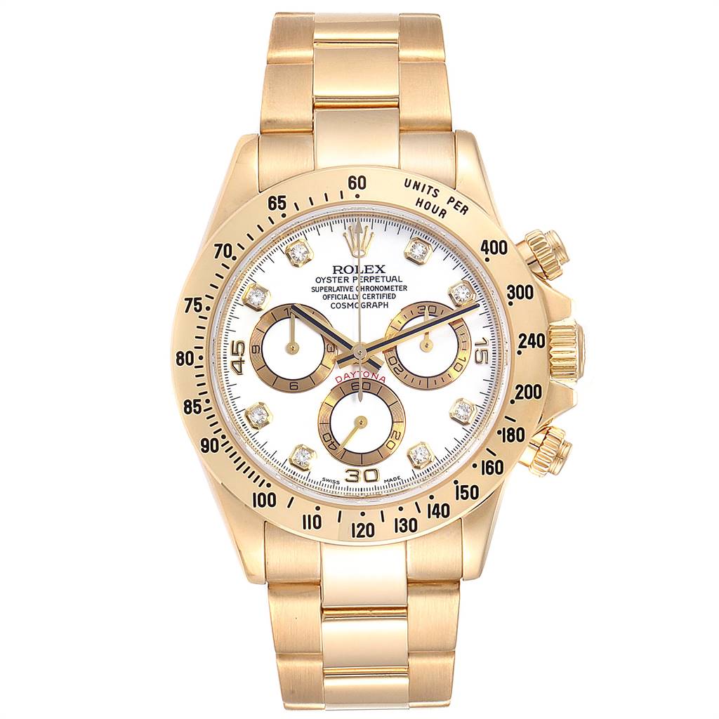 The image shows a front view of the Rolex Daytona 116528 Men's Yellow Gold White Dial 116528 Men's Yellow Gold White Dial watch, highlighting the dial, bezel, bracelet, and crown.