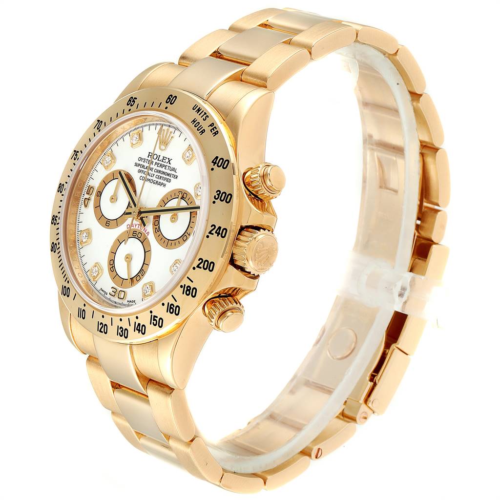 This image shows a side angle of a Rolex Daytona 116528 Men's Yellow Gold White Dial 116528 Men's Yellow Gold White Dial watch, highlighting its gold case, bracelet, and chronograph dials.