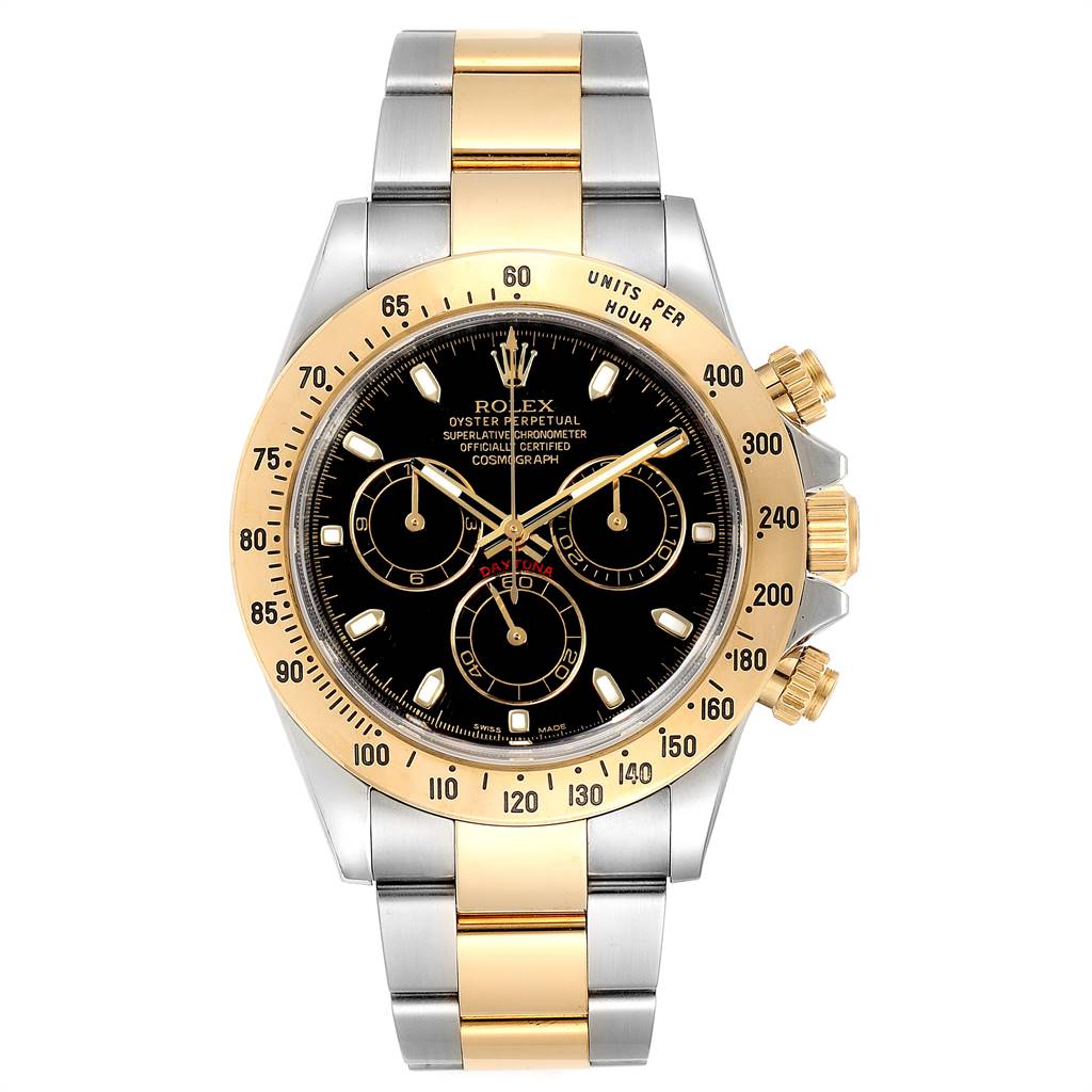 The Rolex Daytona 116523 Men
s Steel and Gold (two tone) Black Dial 116523 Men
s Steel and Gold (two tone) Black Dial watch is shown in a front view, displaying its black dial, gold bezel, and two-tone metal band.