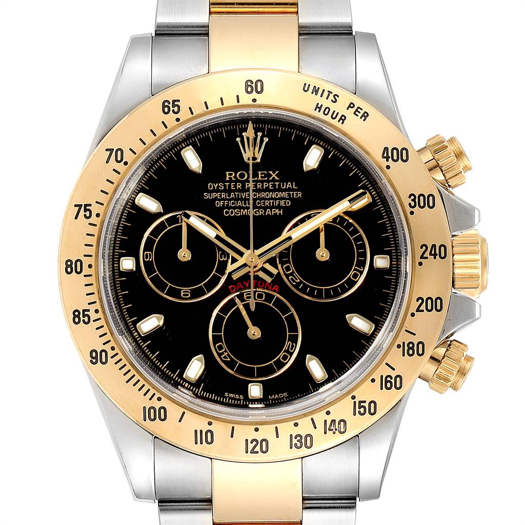 The image shows a front view of a Rolex Daytona 116523 Men
s Steel and Gold (two tone) Black Dial 116523 Men
s Steel and Gold (two tone) Black Dial watch, highlighting its black dial, gold bezel, and chronograph subdials.