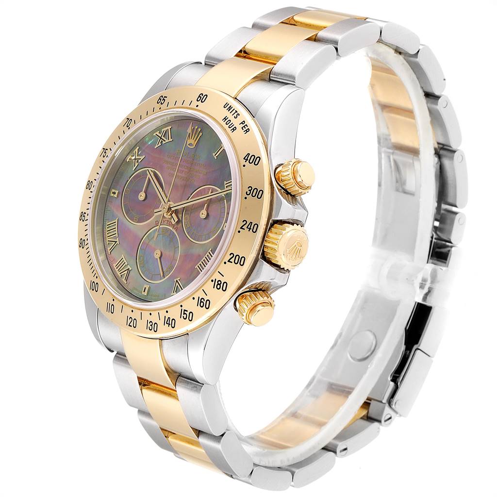 The image shows a side-angle view of a Rolex Daytona 116523 Men's Steel and Gold (two tone) Mother of Pearl Dial 116523 Men's Steel and Gold (two tone) Mother of Pearl Dial watch, highlighting the bezel, dial, and band.