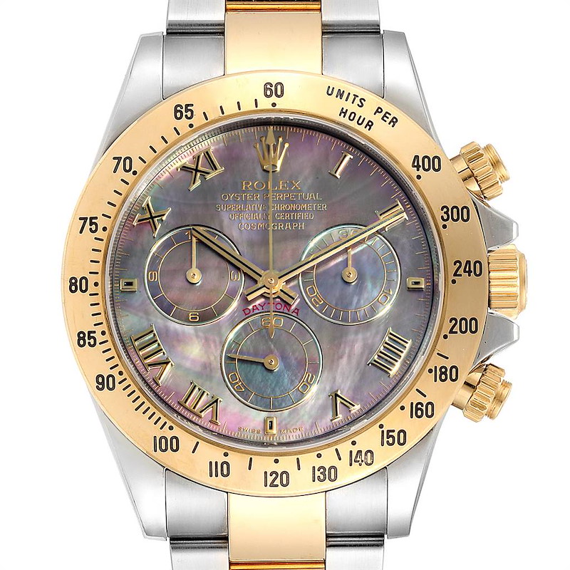 Rolex Daytona Steel Yellow Gold Black Mother of Pearl Dial Chronograph Mens Watch 116523 SwissWatchExpo