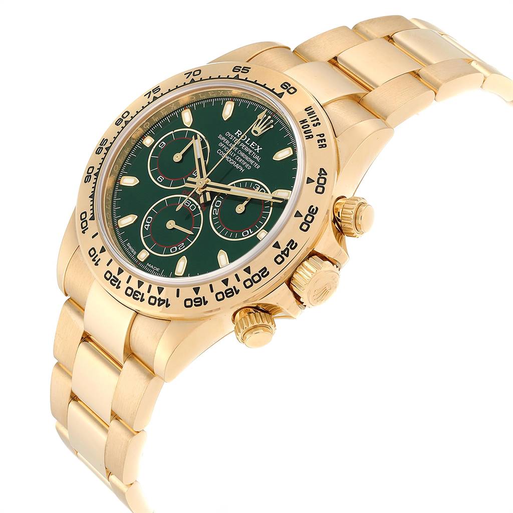 The image shows a Rolex Daytona 116508 Men's Yellow Gold Green Dial 116508 Men's Yellow Gold Green Dial watch at a three-quarter angle, highlighting its green dial, gold casing, and bracelet.