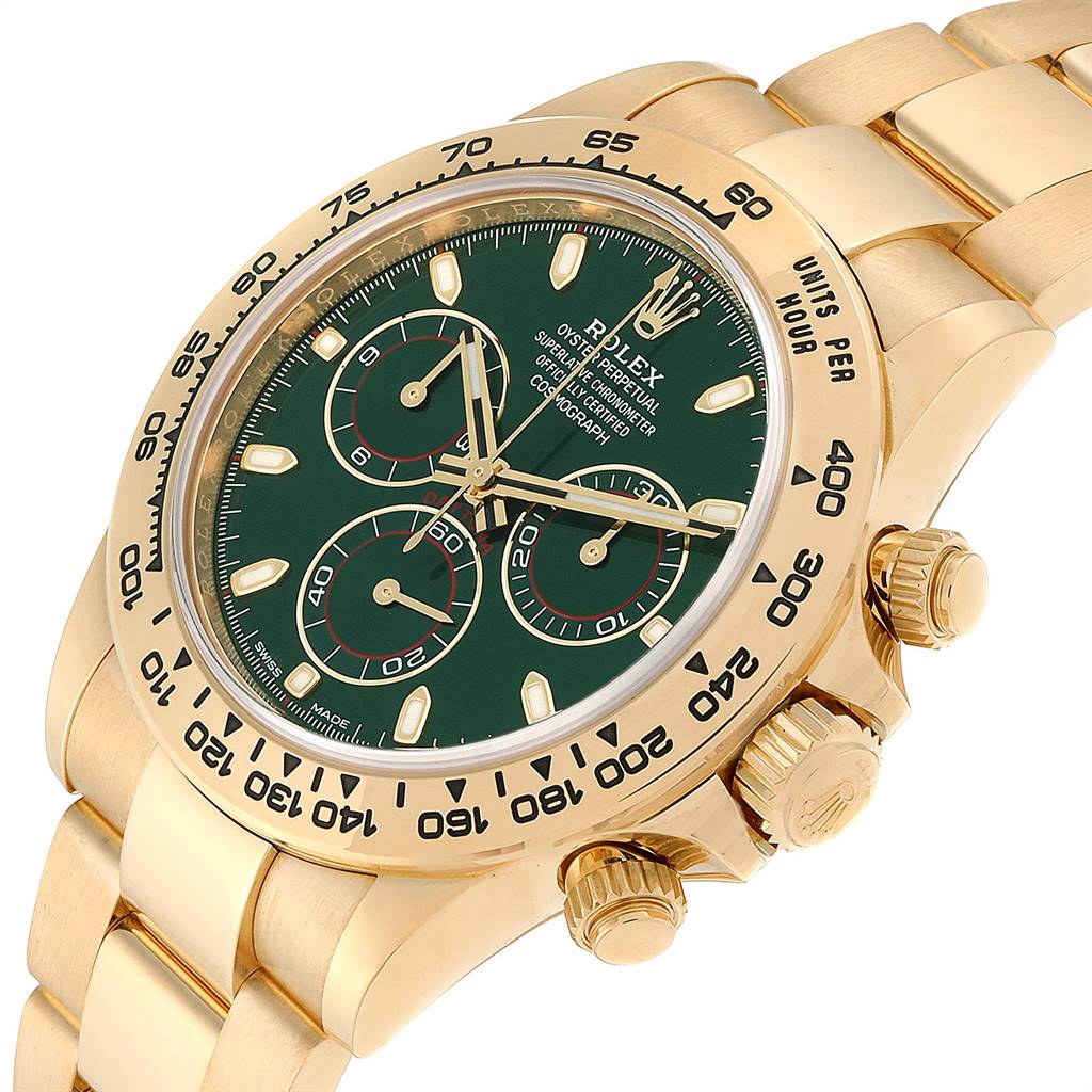 The Rolex Daytona 116508 Men's Yellow Gold Green Dial 116508 Men's Yellow Gold Green Dial watch is shown at an angle highlighting the green dial, chronograph sub-dials, bezel, and gold case with a bracelet.