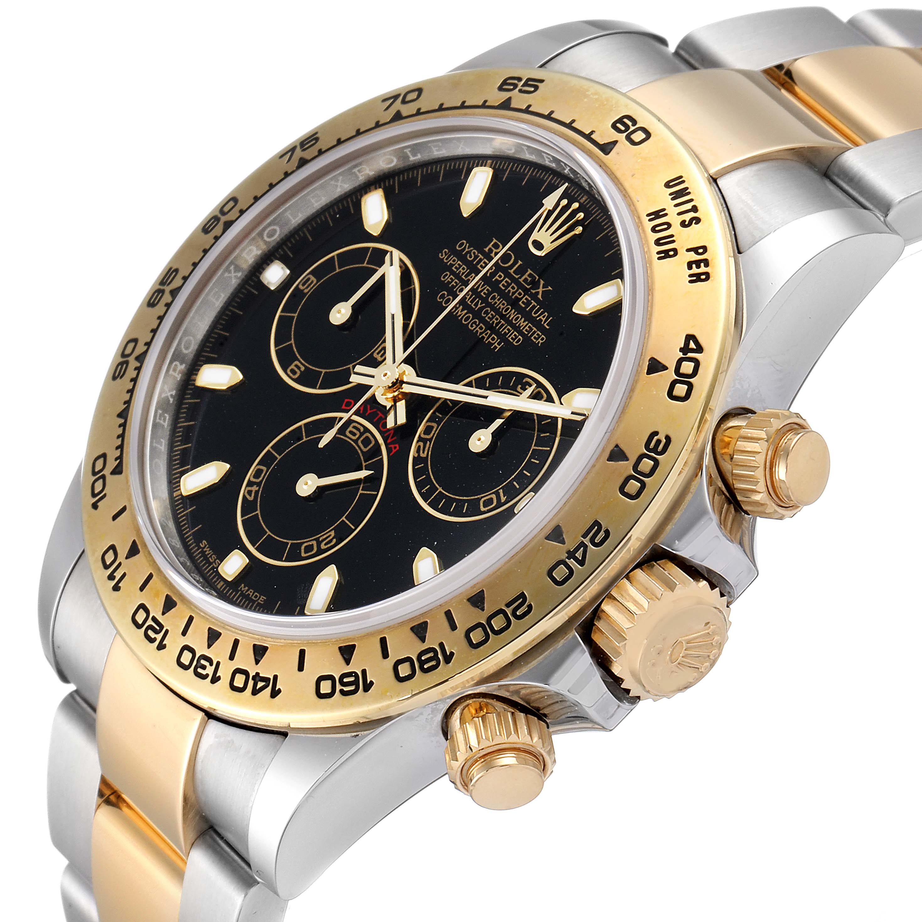 The image shows a close-up side angle of a Rolex Daytona 116503 Men's Steel and Gold (two tone) Black Dial 116503 Men's Steel and Gold (two tone) Black Dial watch, focusing on the dial, bezel, and crown.