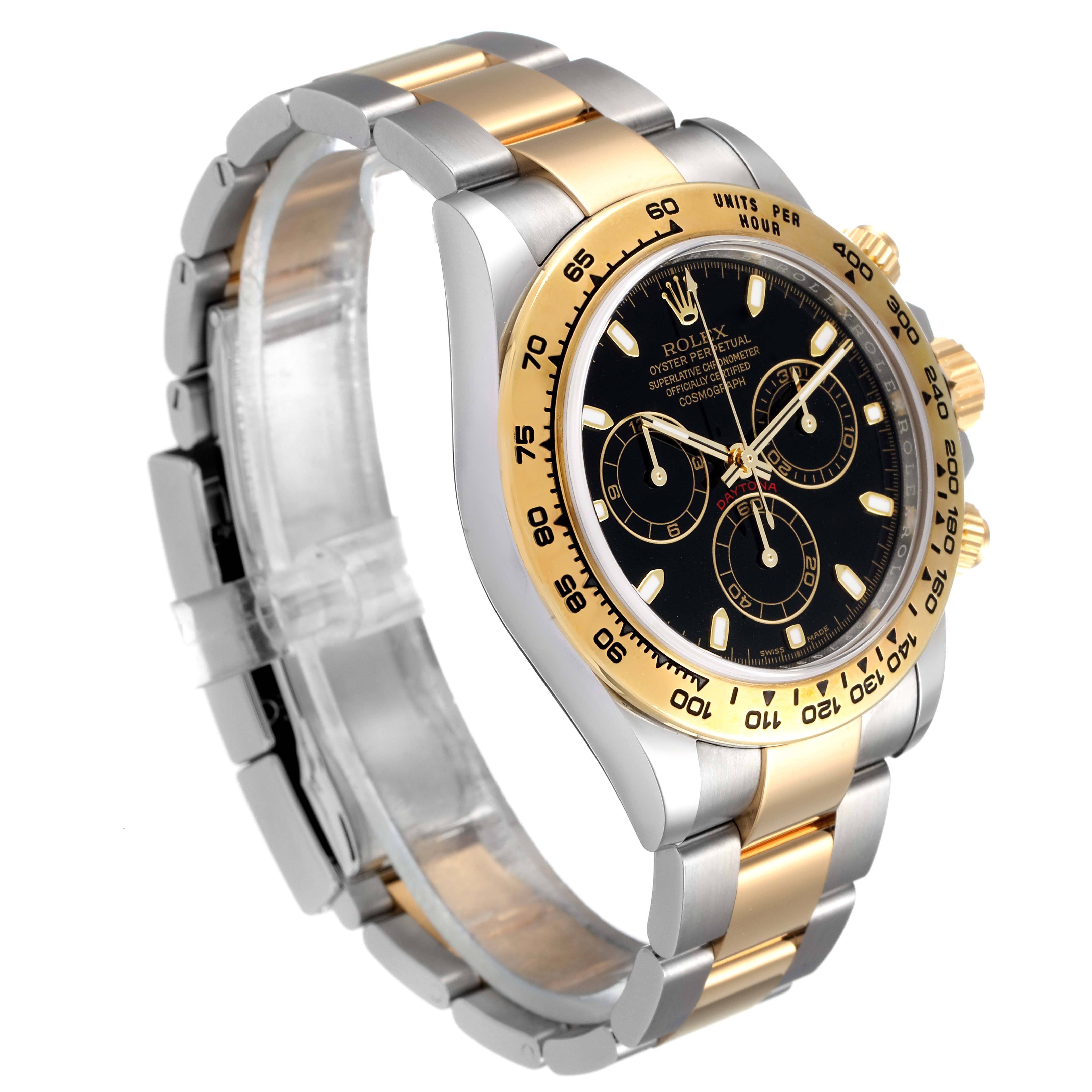 The Rolex Daytona 116503 Men's Steel and Gold (two tone) Black Dial 116503 Men's Steel and Gold (two tone) Black Dial watch is shown in a three-quarter angle, highlighting the dial, bezel, and bracelet.