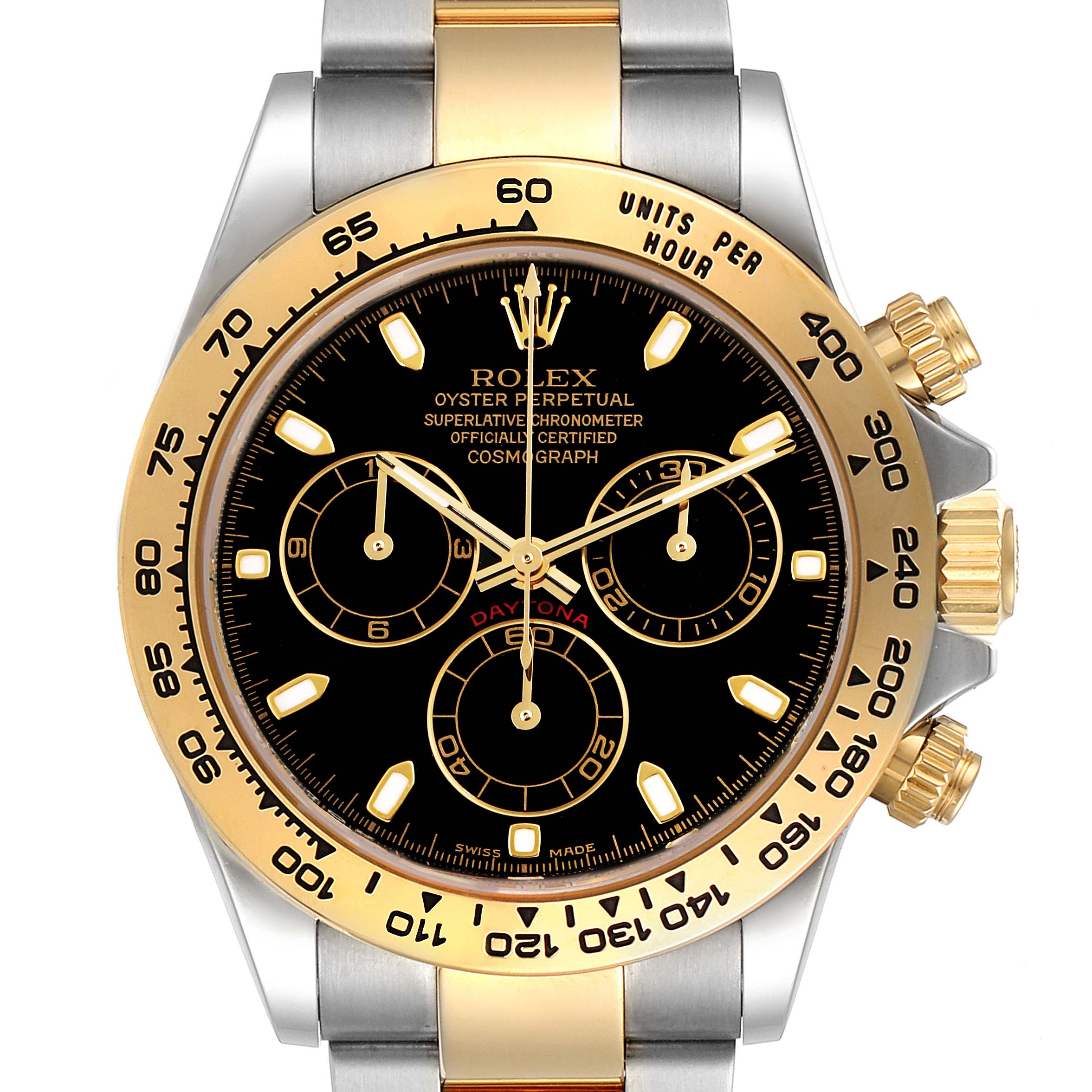 The image shows a front view of the Rolex Daytona 116503 Men's Steel and Gold (two tone) Black Dial 116503 Men's Steel and Gold (two tone) Black Dial watch, highlighting the dial, chronograph subdials, and bezel.