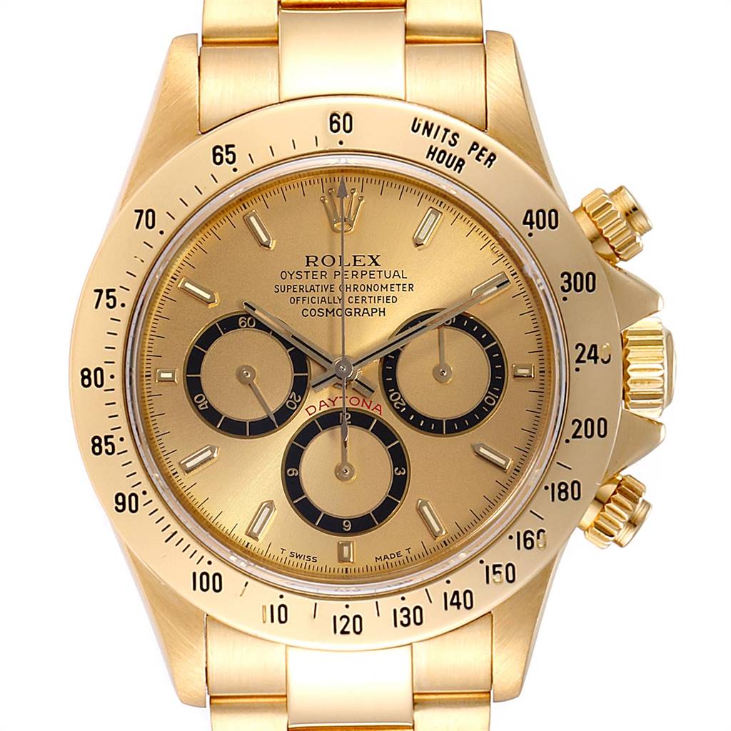 This image shows a close-up, front view of a Rolex Daytona 16528 Men
s Yellow Gold Champagne Dial 16528 Men
s Yellow Gold Champagne Dial watch, highlighting the dial, chronograph subdials, and bezel.
