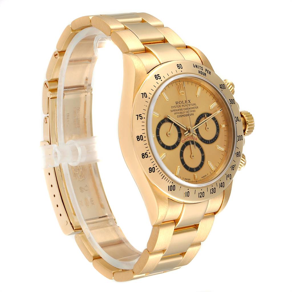 The image shows a side view of a gold Rolex Daytona 16528 Men
s Yellow Gold Champagne Dial 16528 Men
s Yellow Gold Champagne Dial watch, highlighting the bracelet, case, and dial.