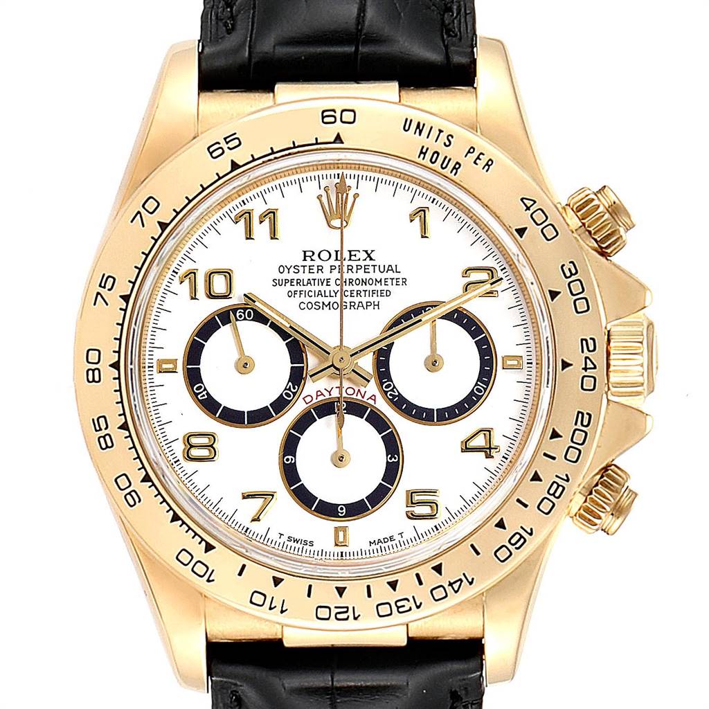 The image shows a front view of a Rolex Daytona 16518 Men's Yellow Gold White Dial 16518 Men's Yellow Gold White Dial watch, highlighting its dial, bezel, sub-dials, and pushers.