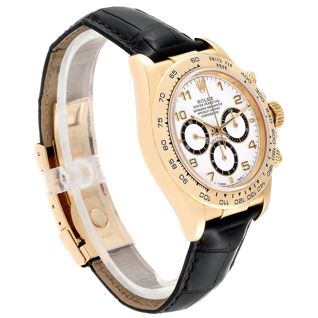 This image shows a side view of the Rolex Daytona 16518 Men's Yellow Gold White Dial 16518 Men's Yellow Gold White Dial watch, highlighting its gold case, dial, bezel, and black leather strap.