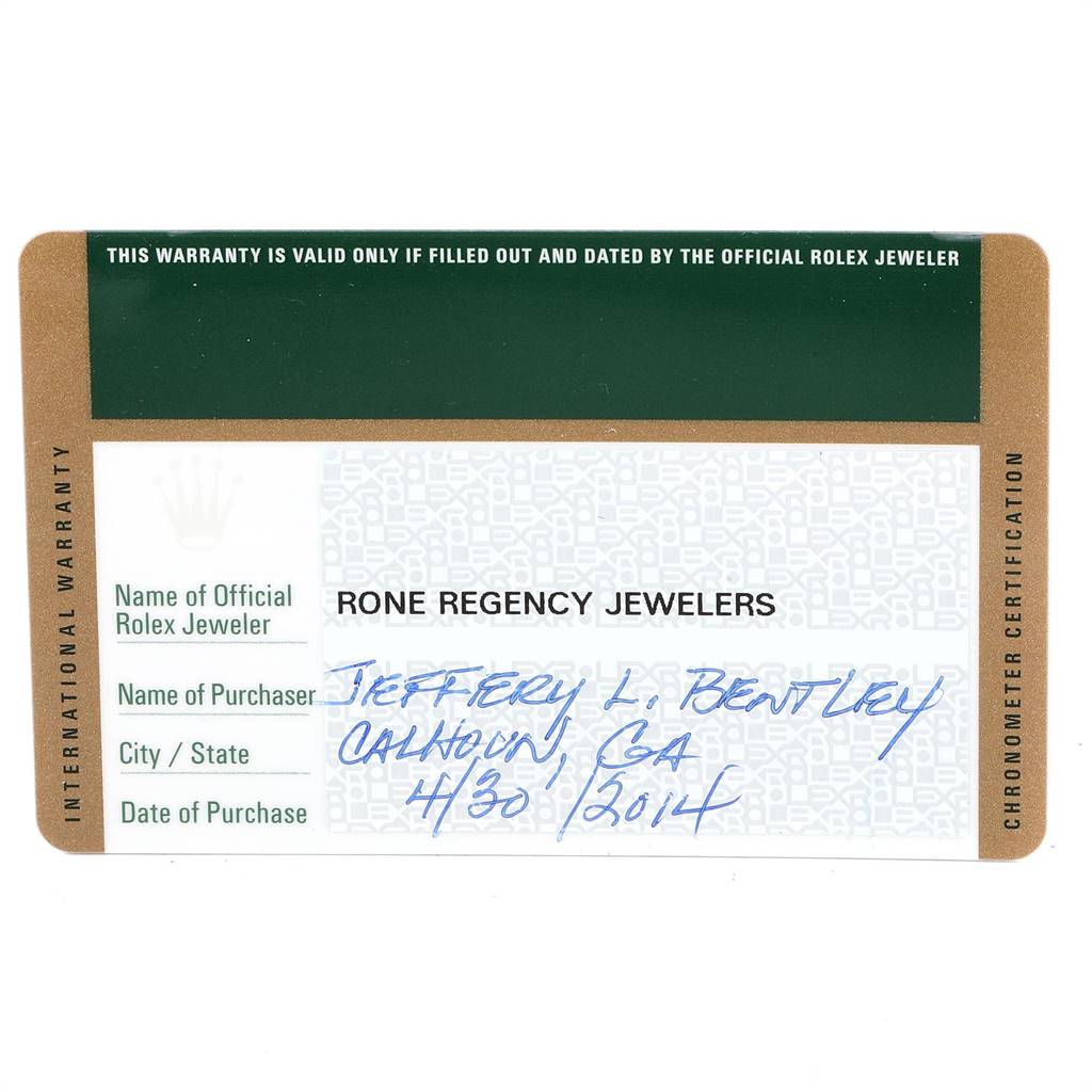 The image shows the front of a warranty card for a Rolex Daytona 116520 Men's Stainless Steel White Dial 116520 Men's Stainless Steel White Dial watch.