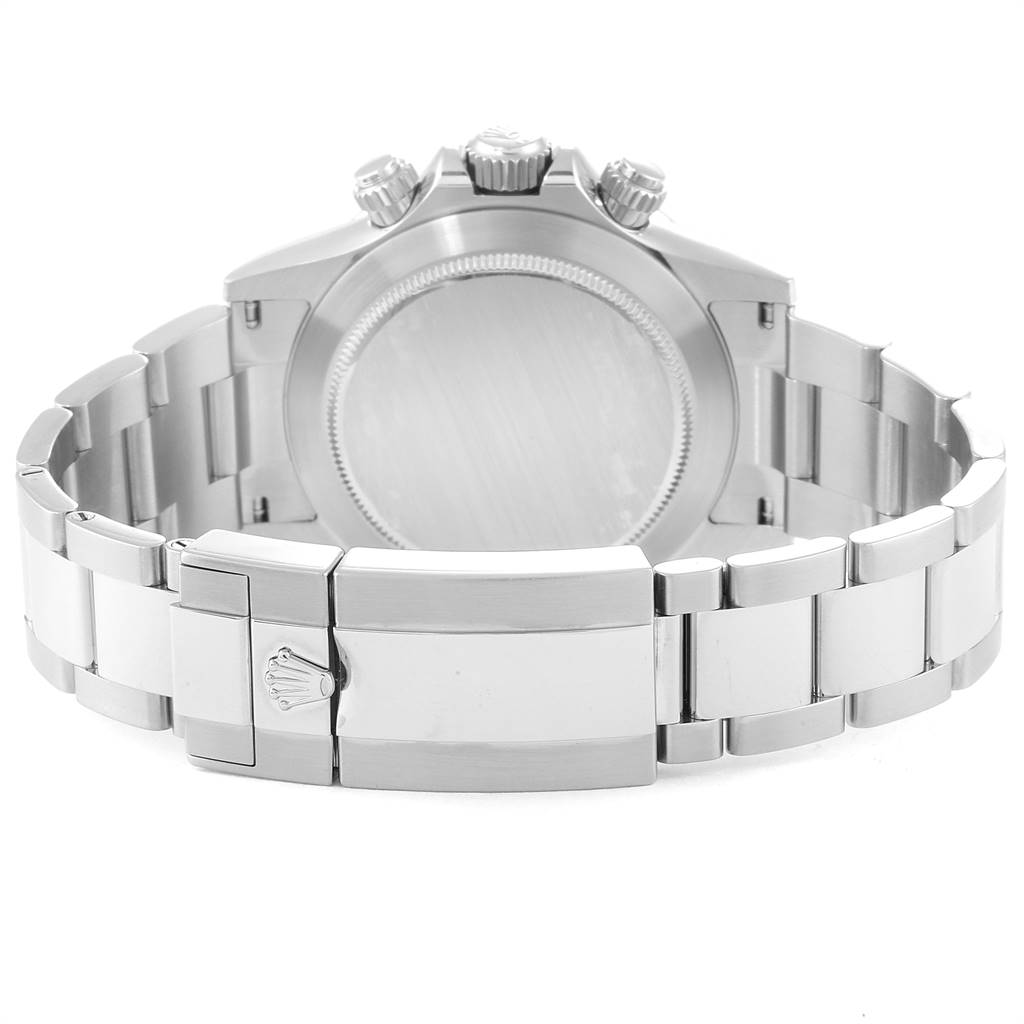 The image shows the Rolex Daytona 116520 Men's Stainless Steel White Dial 116520 Men's Stainless Steel White Dial watch from the back, highlighting its bracelet and clasp.