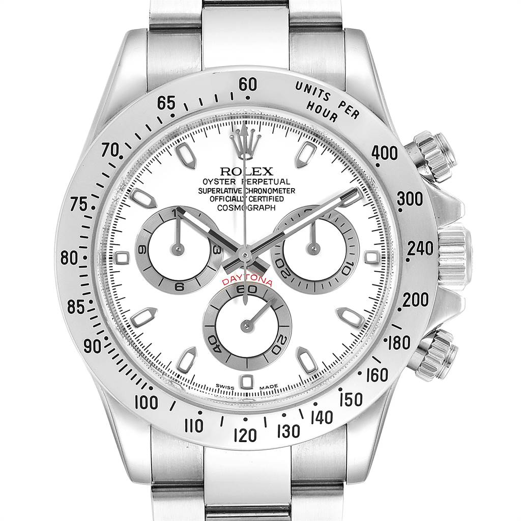 The image shows a front view of the Rolex Daytona 116520 Men's Stainless Steel White Dial 116520 Men's Stainless Steel White Dial watch, displaying its face, bezel, and crown with pushers.