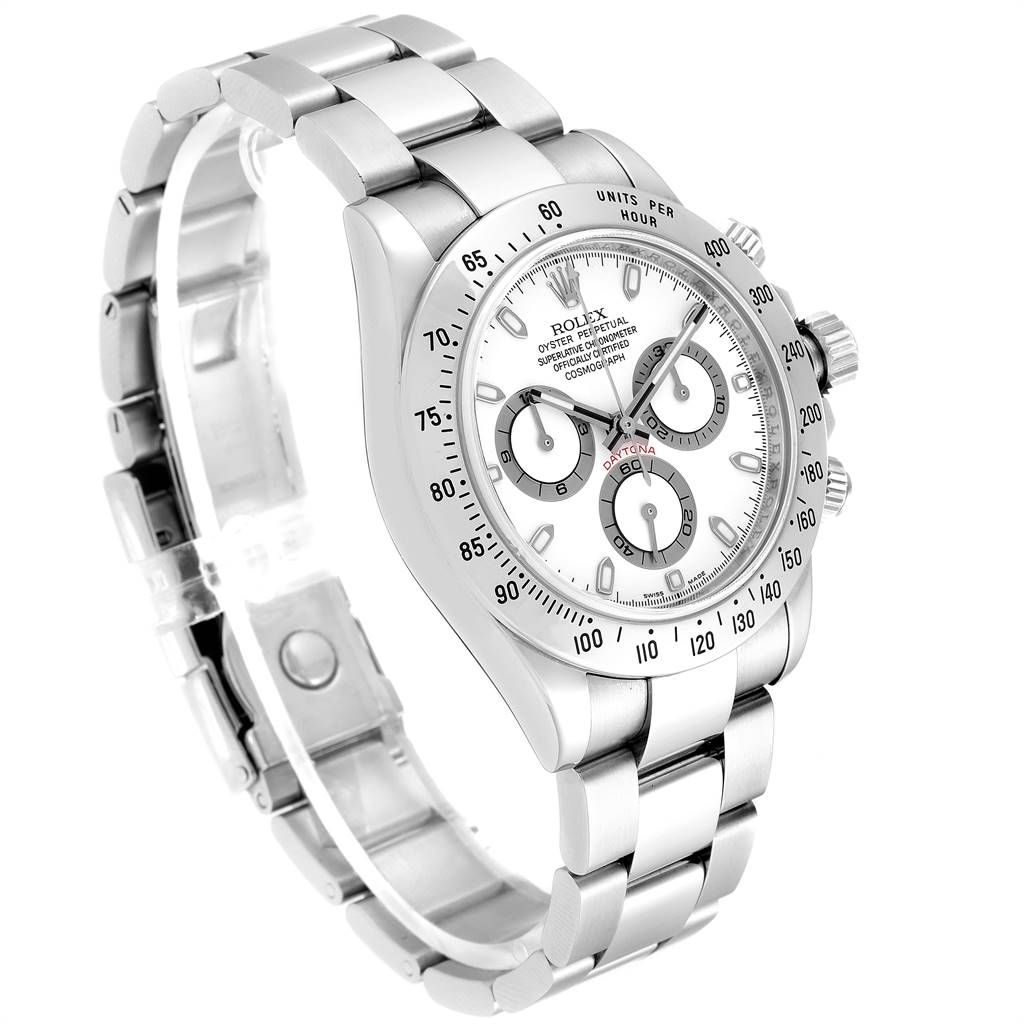 The image shows a Rolex Daytona 116520 Men's Stainless Steel White Dial 116520 Men's Stainless Steel White Dial watch at a slight angle, highlighting its face, bezel, pushers, and bracelet.