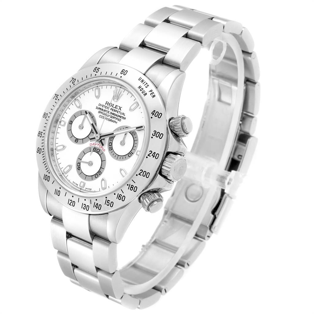 The Rolex Daytona 116520 Men's Stainless Steel White Dial 116520 Men's Stainless Steel White Dial watch is shown at a slight angle, displaying the face, bezel, crown, pushers, and bracelet.