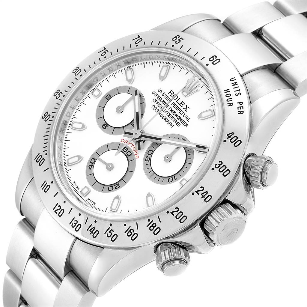 The image shows a Rolex Daytona 116520 Men's Stainless Steel White Dial 116520 Men's Stainless Steel White Dial watch at an angled view, highlighting its dial, bezel, crown, and chronograph sub-dials.