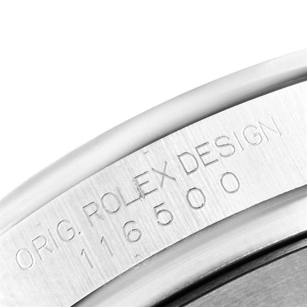 This image shows a close-up of the engraving on the case of a Rolex Daytona 116500 Men's Stainless Steel White Dial 116500 Men's Stainless Steel White Dial watch.