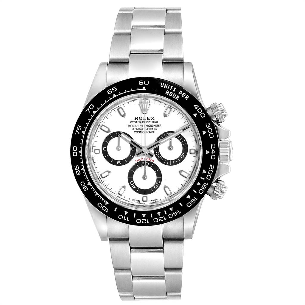 This image shows the front view of a Rolex Daytona 116500 Men's Stainless Steel White Dial 116500 Men's Stainless Steel White Dial watch, displaying the dial, bezel, and part of the bracelet.