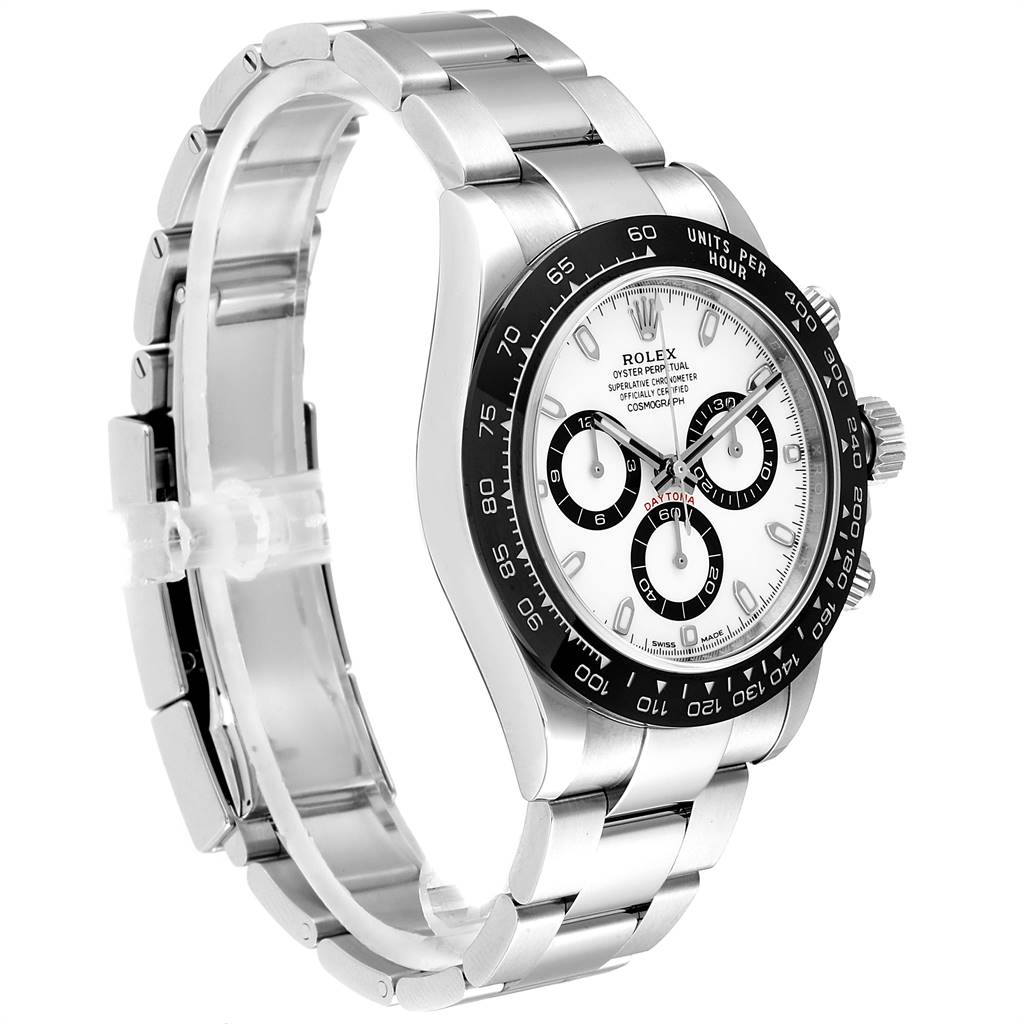 The image shows a side angle of the Rolex Daytona 116500 Men's Stainless Steel White Dial 116500 Men's Stainless Steel White Dial watch, including its bracelet, face, and bezel.