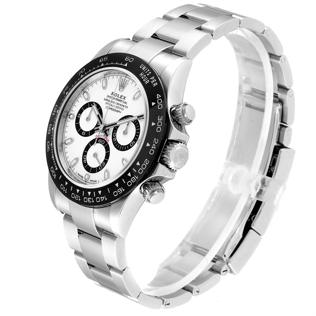 The image shows a Rolex Daytona 116500 Men's Stainless Steel White Dial 116500 Men's Stainless Steel White Dial watch at a 3/4 angle highlighting its dial, bezel, chronograph buttons, and bracelet.