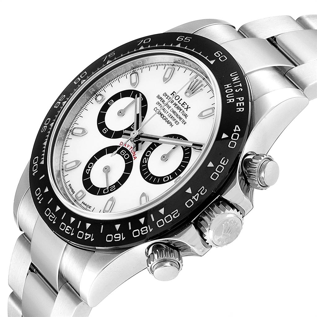 The image shows a side angle of the Rolex Daytona 116500 Men's Stainless Steel White Dial 116500 Men's Stainless Steel White Dial watch, highlighting the bezel, crown, and bracelet.
