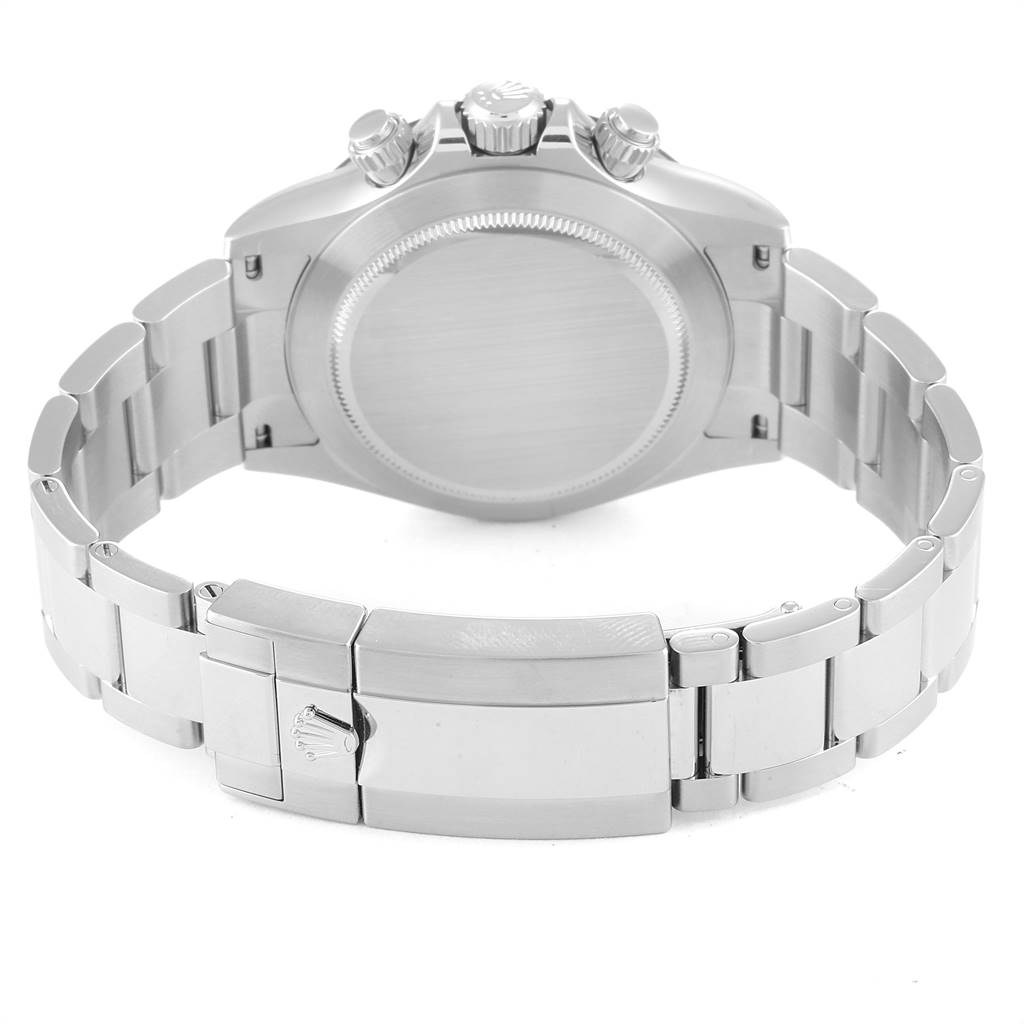 The image shows the back view of a Rolex Daytona 116500 Men's Stainless Steel White Dial 116500 Men's Stainless Steel White Dial watch, highlighting the bracelet and clasp.