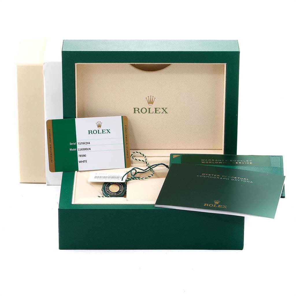 This image shows the packaging, warranty card, tags, and instruction manuals for a Rolex Daytona 116500 Men's Stainless Steel White Dial 116500 Men's Stainless Steel White Dial watch.