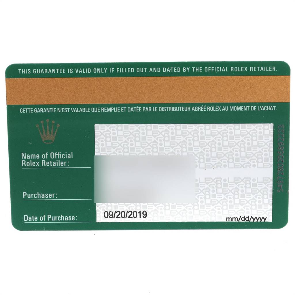 The image shows a warranty card for a Rolex Daytona 116500 Men's Stainless Steel White Dial 116500 Men's Stainless Steel White Dial watch, displaying purchase details and retailer information.