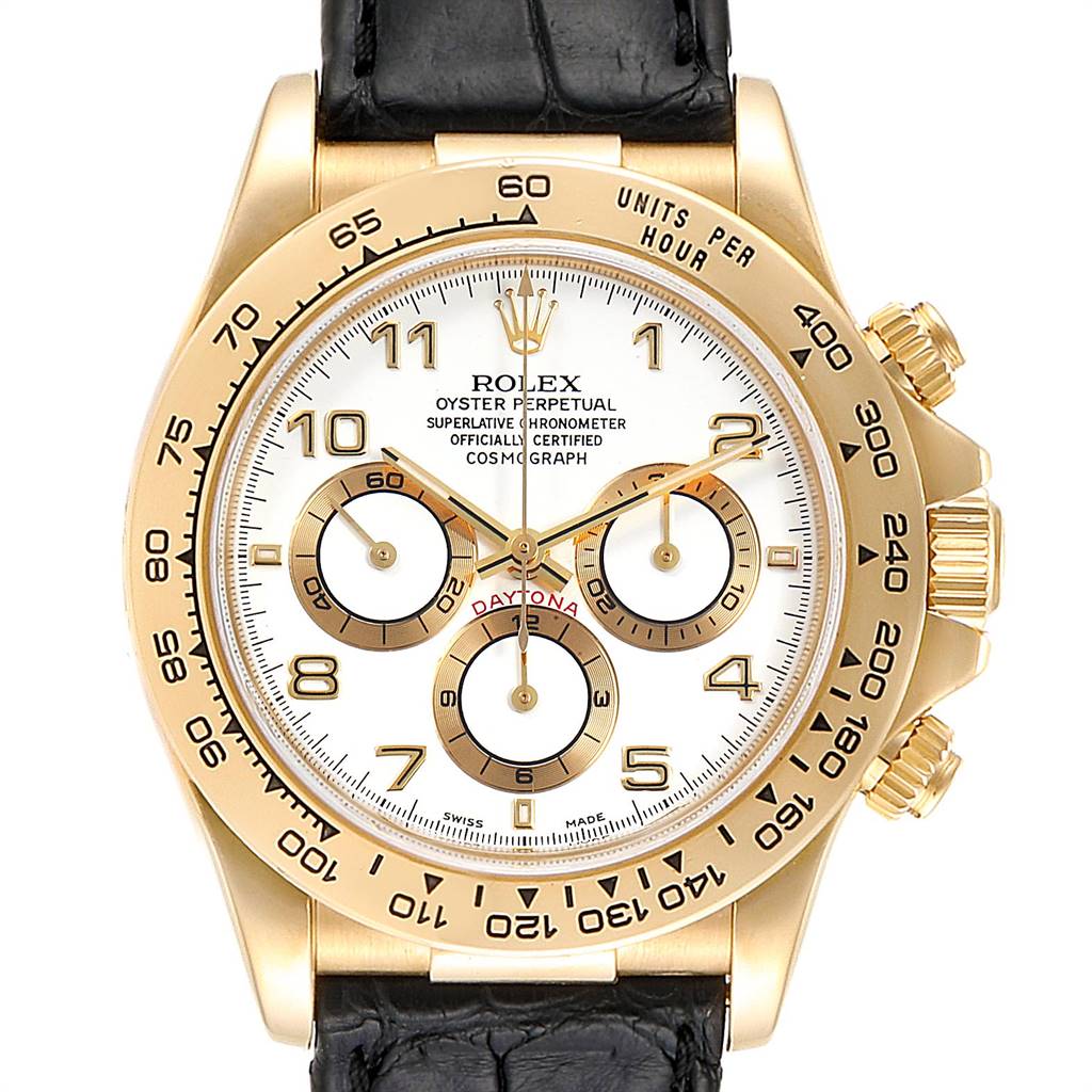 The image shows a Rolex Daytona 16518 Men's Yellow Gold White Dial 16518 Men's Yellow Gold White Dial watch from a frontal angle, displaying the dial, bezel, and part of the leather strap.