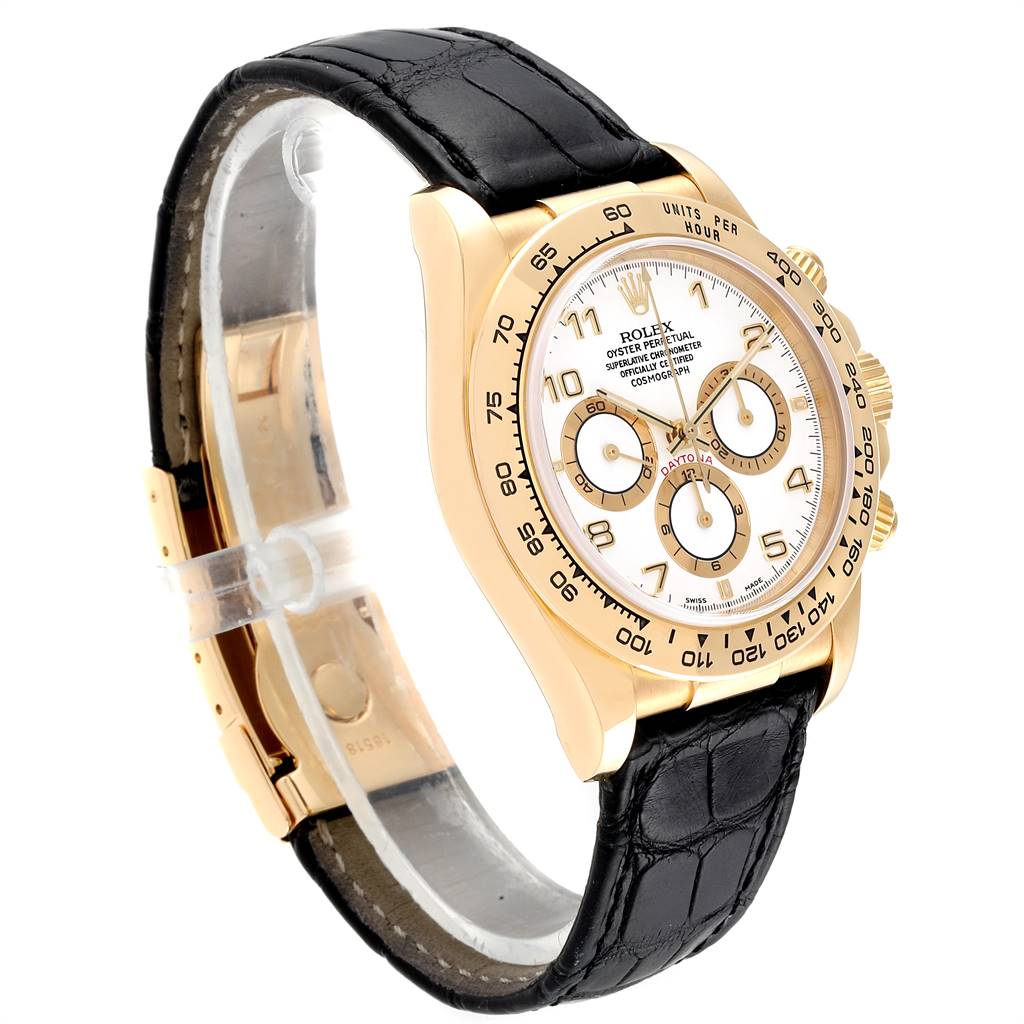 This is a side angle view of a Rolex Daytona 16518 Men's Yellow Gold White Dial 16518 Men's Yellow Gold White Dial watch, highlighting the face, bezel, and black leather strap.