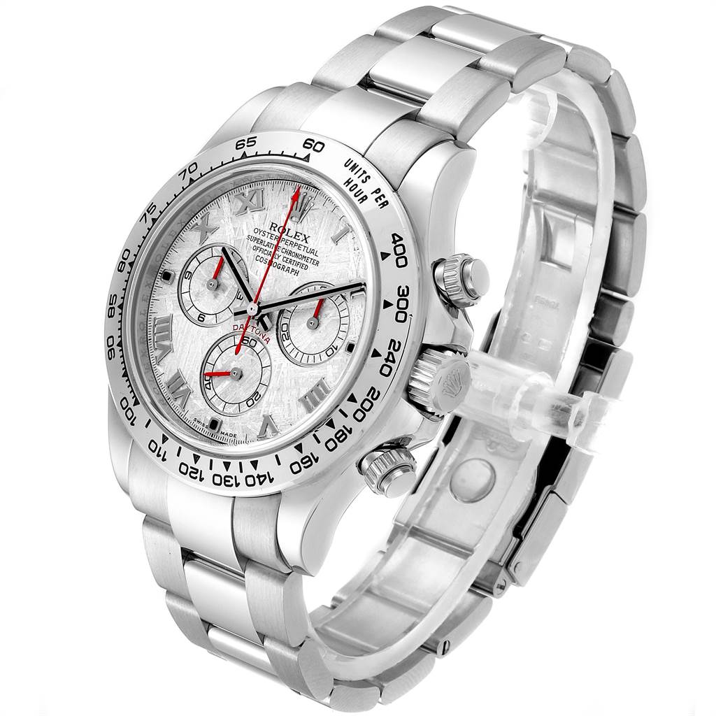 The image shows a Rolex Daytona 116509 Men's White Gold Silver Dial 116509 Men's White Gold Silver Dial watch from a slight side angle, highlighting its face, bezel, chronograph pushers, and bracelet.
