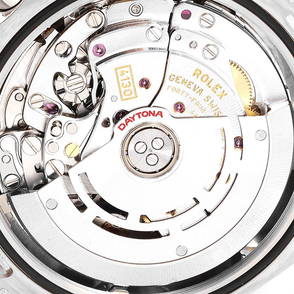 This image shows a close-up view of the movement and internal mechanics of a Rolex Daytona 116509 Men's White Gold Silver Dial 116509 Men's White Gold Silver Dial watch.