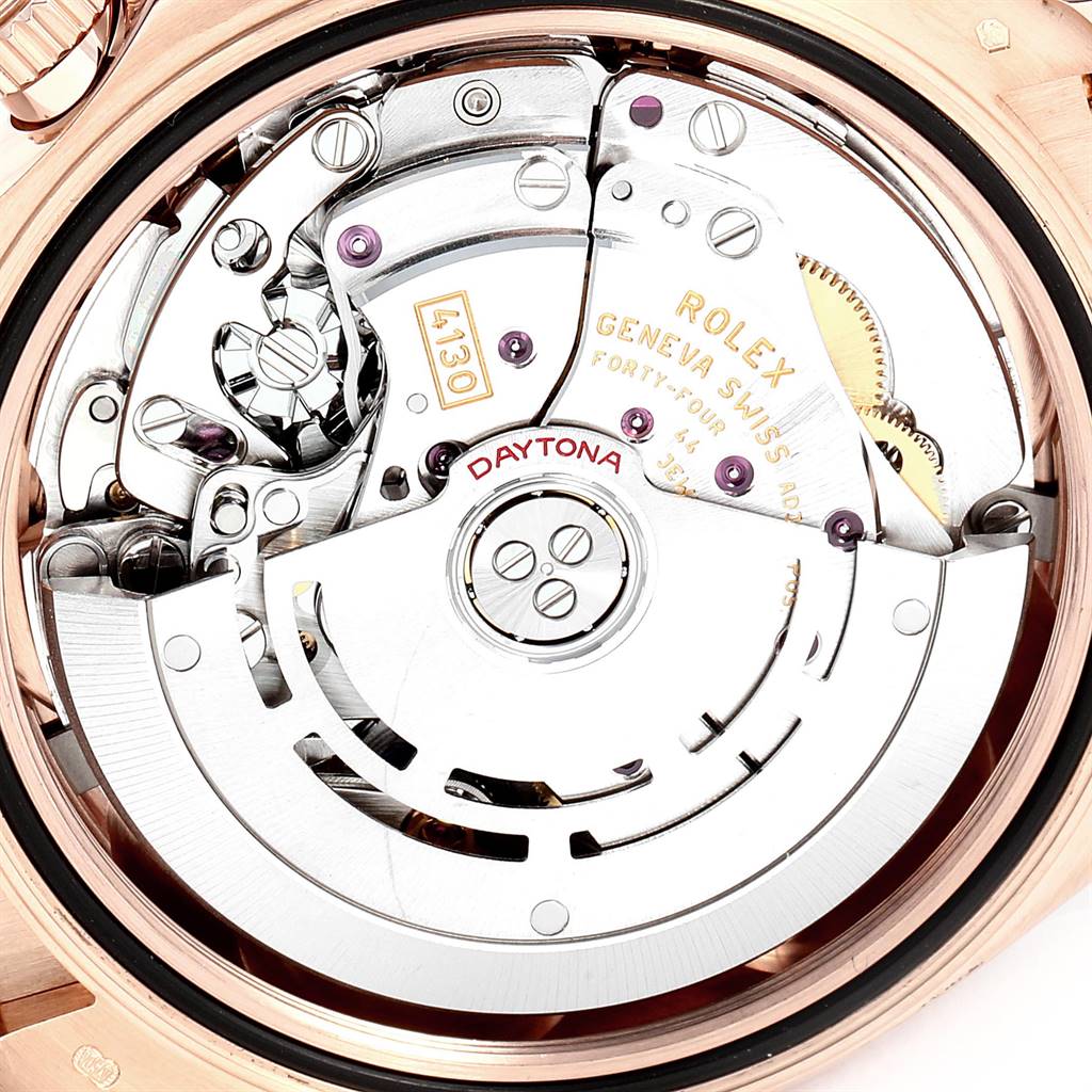 This image shows the inner mechanism and movement of a Rolex Daytona 116515LN Men's Rose Gold Brown Dial 116515LN Men's Rose Gold Brown Dial watch at a close-up angle.
