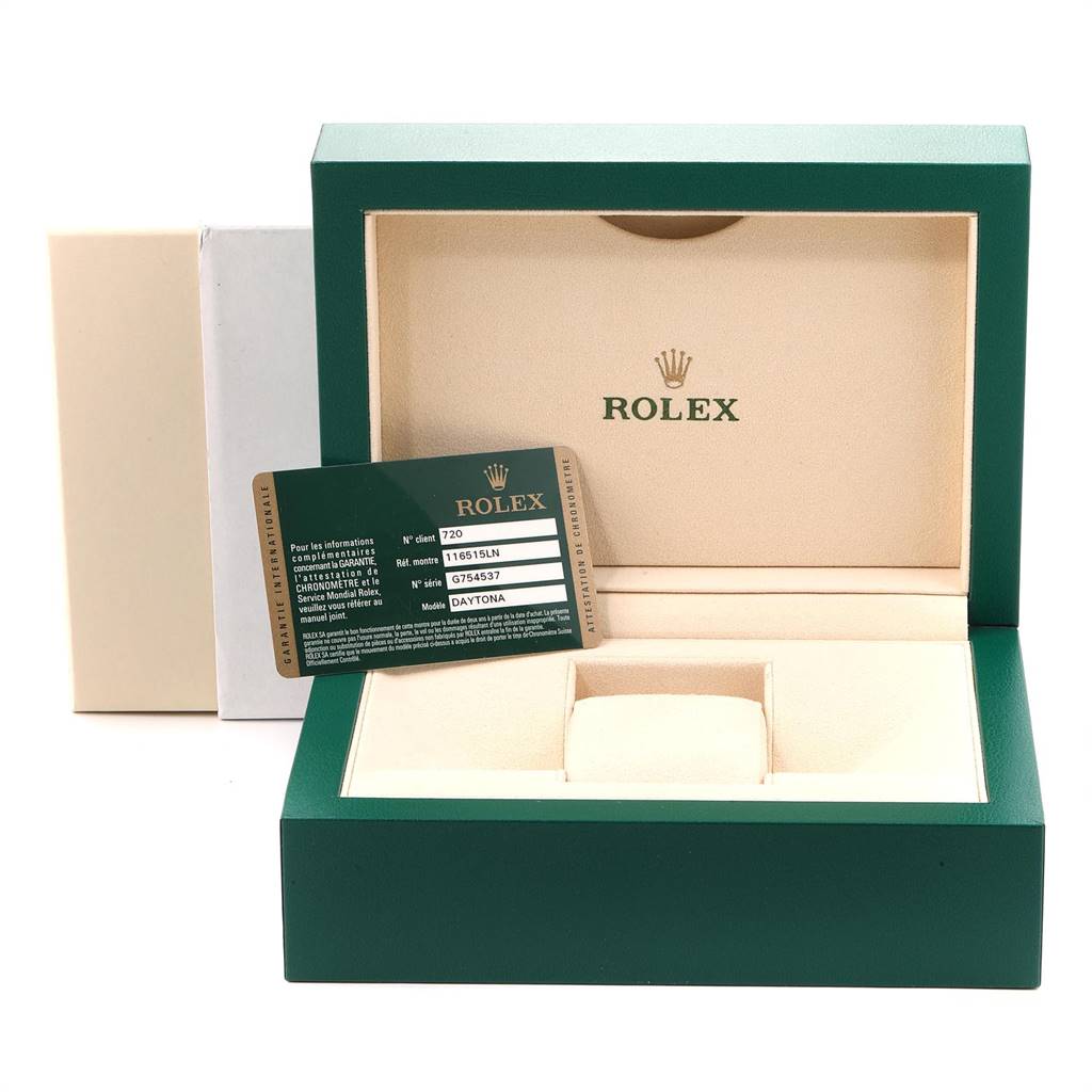 The image shows the empty box and warranty card for a Rolex Daytona 116515LN Men's Rose Gold Brown Dial 116515LN Men's Rose Gold Brown Dial watch, viewed from the front.