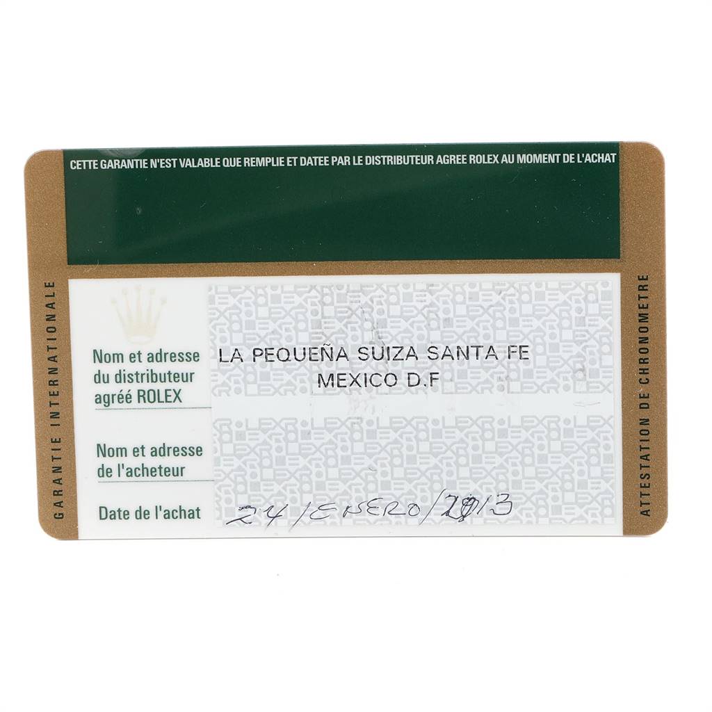 This is an image of the warranty card for the Rolex Daytona 116515LN Men's Rose Gold Brown Dial 116515LN Men's Rose Gold Brown Dial model, showing the purchase date and seller information.