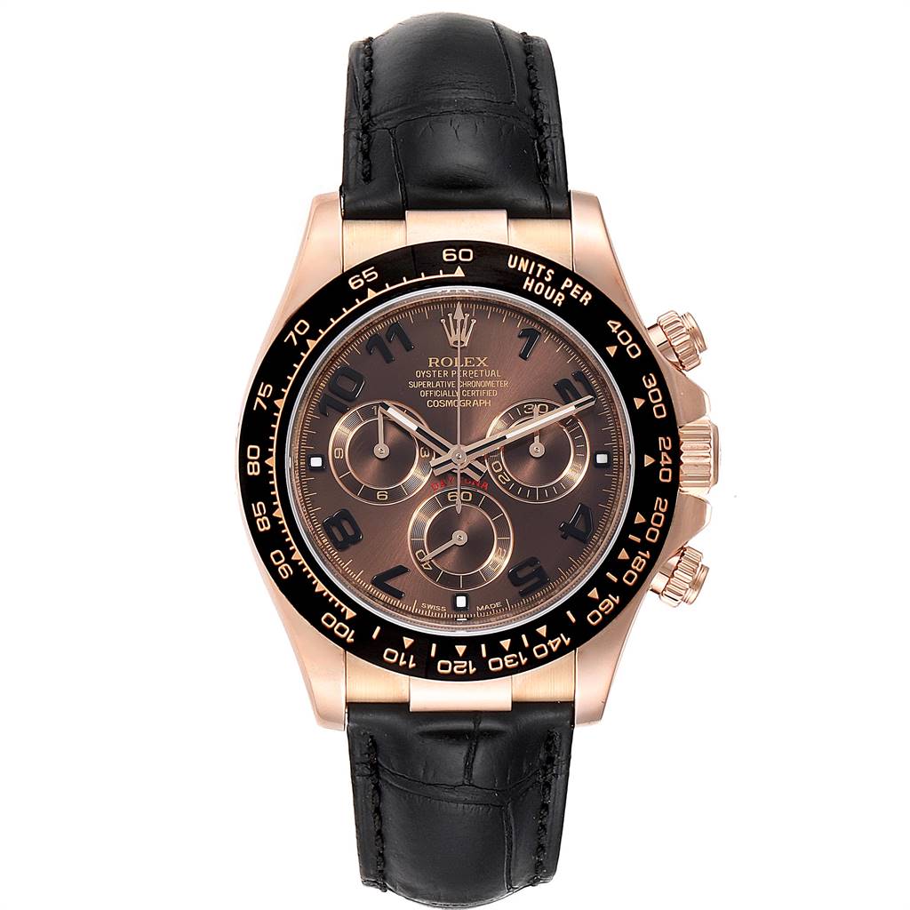 The image shows a top-down view of a Rolex Daytona 116515LN Men's Rose Gold Brown Dial 116515LN Men's Rose Gold Brown Dial watch with a leather strap and a dark dial.