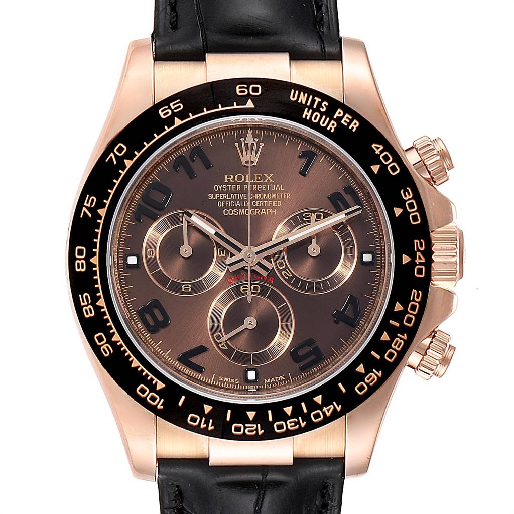 The image shows a full front view of a Rolex Daytona 116515LN Men's Rose Gold Brown Dial 116515LN Men's Rose Gold Brown Dial watch, showcasing its dial, bezel, and crown.