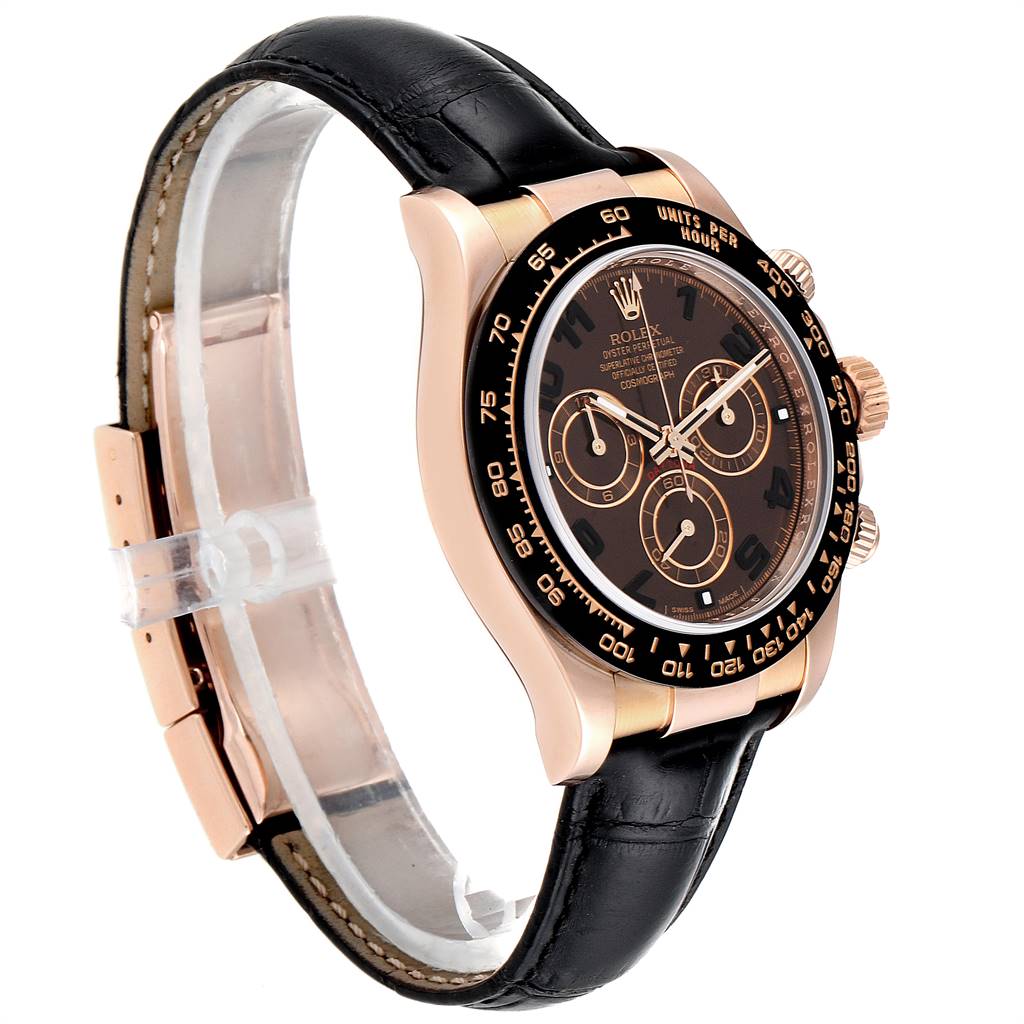 The image shows a side angle of a Rolex Daytona 116515LN Men's Rose Gold Brown Dial 116515LN Men's Rose Gold Brown Dial watch with a black leather strap and rose gold case.