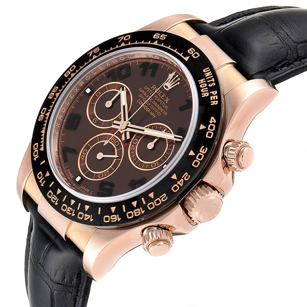 This image shows a side angle of the Rolex Daytona 116515LN Men's Rose Gold Brown Dial 116515LN Men's Rose Gold Brown Dial watch, highlighting its black dial, three subdials, and black bezel with a leather strap.